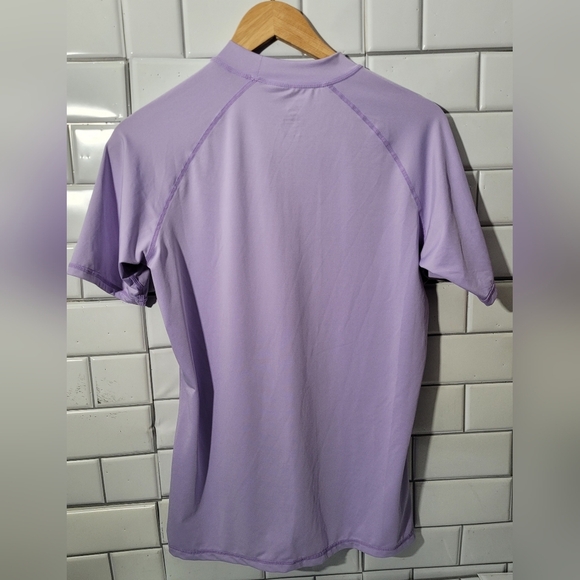 Tsla Ladies Short Sleeve Rash Guard Swim Top Mock Neck Color Lavender Side Flora - Picture 3 of 4